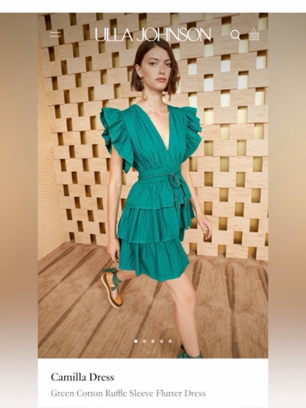 Ulla Johnson Green Cotton Ruffle Sleeve Flutter Dress